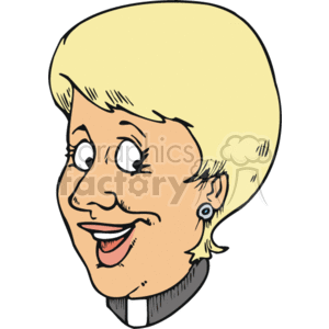 The image is a cartoon clipart of a smiling person with blonde hair, wearing a clerical collar, commonly associated with Christian clergy or priests, and an earring.