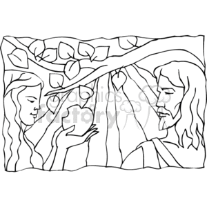 This clipart image depicts a stylized representation of the biblical figures Adam and Eve in the Garden of Eden. There is a leafy branch overhead, presumably part of the Tree of Knowledge, and each figure is reaching towards an apple. The scene symbolizes the moment before the Fall of Man, a well-known story from the Christian religious narrative.