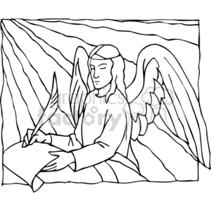The clipart image depicts an angel with large wings, wearing a robe, and seemingly writing or drawing on a scroll with a quill. The angel has a peaceful expression and is focused on the task at hand.