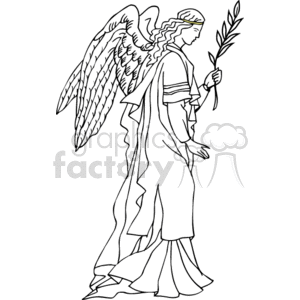 This is a line art clipart image depicting an angel, a figure commonly associated with Christianity and various religions. The angel is illustrated with wings and is holding a branch with leaves, which often symbolizes peace. The angel is adorned with long flowing garments and a headband, which adds to the ethereal and traditional depiction in religious art.