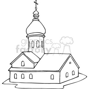   The clipart image shows a line drawing of a Christian church. The church has a prominent dome with a cross on top, signaling its religious significance. It