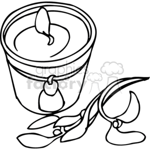 The clipart image depicts a single candle with a flame, contained within a pot-like holder. The holder has a decorative element around its neck, looking like a tag or label. There is also a sprig of plant matter or foliage next to the candle, possibly meant to be holly or mistletoe, which could suggest a holiday theme.