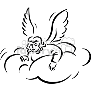 This clipart image depicts a stylized angel with wings, resting on a cloud. The angel appears content and is depicted in a simple, outline drawing style.