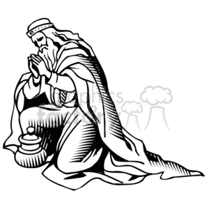 The clipart image shows a robed and crowned figure in a kneeling position with hands clasped together in prayer. Next to the figure, there is a candle with a flame lit on top. The character depicted appears to represent a biblical or historical figure, typically associated with Christian iconography, possibly a king or a saint. The style is simple and monochromatic, suitable for various religious context uses.