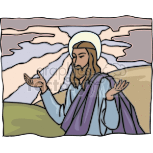 This clipart image depicts a figure commonly recognized as Jesus Christ, based on traditional Christian iconography. He is portrayed with a halo around his head, long hair, and a beard, wearing a robe with a shawl draped over one shoulder. His arms are spread out slightly, and he appears to be either teaching, blessing, or engaging in a religious discourse. The background shows a simple landscape with a sky and clouds.