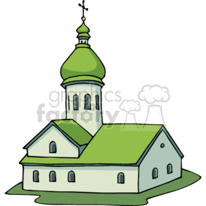 This clipart image depicts a Christian church with a prominent green dome and a cross at the top of the dome, indicating its religious significance. The building has several windows, and its architecture is simplistic and representative of many Christian church structures.