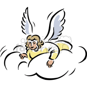 The clipart image shows a stylized depiction of an angel. The angel is illustrated with large wings and is resting on a cloud. The angel has a peaceful expression and is dressed in a yellow garment.