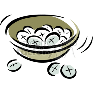 The clipart image shows a bowl filled with several round wafers that have crosses etched onto them. There are also a few wafers scattered outside of the bowl. These wafers represent the Eucharist or Communion wafers used in Christian religious ceremonies, symbolizing the body of Christ during the sacrament of Holy Communion.