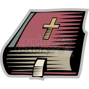 The image depicts a stylized drawing of the Christian religious text, the Bible. The Bible appears thick, with a cover that is colored in shades of purple or wine. On the cover, there is a prominent golden cross, symbolizing Christianity. The pages look to be numerous, and the book looks worn, implying frequent use or age, which could signify the enduring importance of the text. There is also a white bookmark poking out of the bottom, suggesting that it is used for regular reading and study.