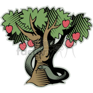 The clipart image depicts the story of Adam and Eve from the Christian religion. It shows an apple tree with an apple being offered to Eve by a snake, symbolizing the serpent from the Garden of Eden who tempted Eve. In some interpretations, one of these snakes could represent Satan or the devil. The image may also allude to the concept of "forbidden knowledge" as depicted in the Bible story.
