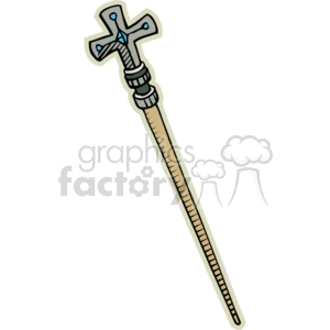 This clipart image depicts a staff or cane topped with a Christian cross. The cane appears to be made out of wood, with the cross being detailed with what could be metal accents or engravings.