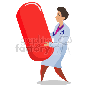 The clipart image shows a cartoon of a medical professional, dressed in a lab coat with a stethoscope around their neck, holding an oversized red capsule pill. It represents health and medicine themes.