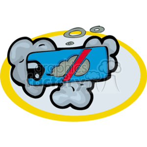 The clipart image depicts a stylized illustration of a blue road sign with an exhaust cloud and a red diagonal line indicating prohibition. This is surrounded by additional clouds of grey smoke, suggesting air pollution potentially from cars. The overall message is likely a no idling or anti-pollution warning for vehicles.