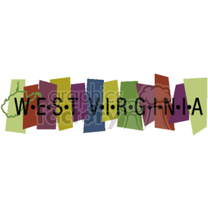 The clipart image displays a stylized representation of the name WEST VIRGINIA with each letter individually colored and presented at different angles, as if they were dynamically scattered. To the left side of the text, there is a small green outline map of the state of West Virginia.