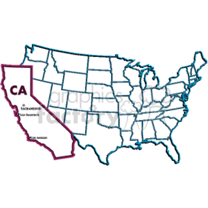 The clipart image shows an outline map of the United States with a highlighted state on the west coast, which is California (abbreviated as CA). The state of California is distinguished from the rest of the map by a contrasting color outline, and it includes markers indicating the locations of major cities such as Sacramento, San Francisco, and Los Angeles. Above these city names, the abbreviation CA is prominently displayed.
