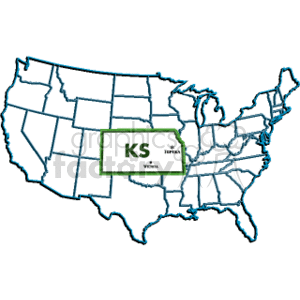   The clipart image shows an outline map of the United States with the state of Kansas highlighted. Inside the highlighted area of Kansas, there