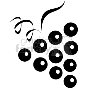 The image is a simple black and white line art depicting a bunch of grapes. The grapes are shown as a cluster with each grape represented by a circle with a small white space to suggest a highlight, and there are stems connecting the grapes.