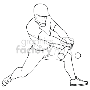 The image is a black and white clipart of a baseball player in the act of swinging at a baseball. The player is depicted in a dynamic batting stance, wearing a helmet, a uniform, and cleats. 