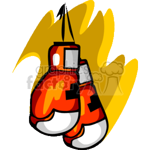 The clipart image depicts a pair of red boxing gloves with white accents. The gloves are hanging and appear to be suspended against a stylized yellow burst background, giving a sense of movement or action.