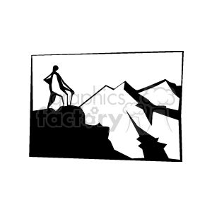 A black and white clipart image depicting a hiker standing on a mountain peak, overlooking a range of mountains.