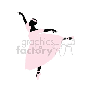 A clipart image of a ballerina silhouetted in black with a light pink dress, performing a ballet pose on one leg with arms gracefully extended.