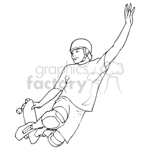   The clipart image depicts a skateboarder in the midst of an action, possibly performing a trick or jump while skateboarding. The skateboarder is wearing a helmet and knee pads, indicating safety gear commonly used in the sport. The skateboard is tilted at an angle, and the skateboarder