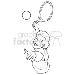 The image is a black and white clipart of a person playing tennis. The person is depicted in an active pose, swinging a tennis racket to hit a tennis ball. The image captures the motion of a tennis stroke.