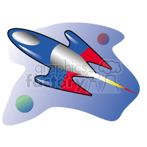 Colorful clipart image of a futuristic rocket flying through space with planets in the background.