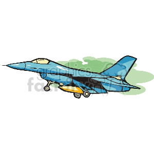 The clipart image shows a military fighter jet flying through the air. The jet has a sleek and aerodynamic design with pointed wings, and yellow missiles under the wing. 