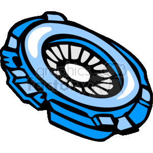 The image is a stylized representation of an automotive clutch disc. The clutch disc is depicted in hues of blue, suggesting a variant of a typical metallic appearance, and is designed in a simplified clipart style. This image may be used in materials related to auto parts, car maintenance, or automotive mechanical education.