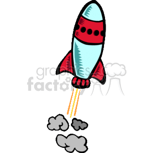 This clipart image features a stylized cartoon rocket or spaceship. It has a light blue body with red accents, including fins, and a windowed section depicted by red bands with white outlines around them. Below the rocket, there are two exhaust plumes in shades of orange and yellow, indicating that the rocket is in flight. There are also three separate puffs of smoke or clouds beneath the rocket colored in shades of gray, suggesting it has recently been launched. There are no astronauts or other elements of transportation or land visible in this image.