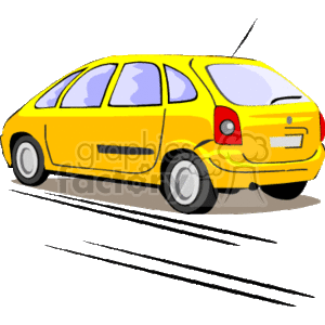   The clipart image depicts a yellow, four-door hatchback-style car. The car is shown from a three-quarter rear perspective, emphasizing the tail lights and the back passenger side. It