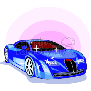 The clipart image shows a stylized representation of a blue sports car resembling a Bugatti. The vehicle features a sleek design with shiny highlights suggesting it's well-polished, and it's set against a backdrop with a pink and white gradient.