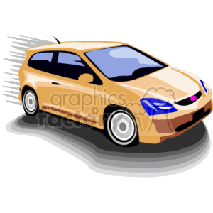   The clipart image shows a stylized depiction of a yellow hatchback car with a prominent shadow under it and stylized motion lines to suggest it