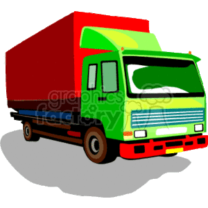 The image depicts a colorful cartoon clipart of a box truck, commonly used for transporting goods. It has a prominent cargo box attached to the back of the cab, which is typically seen on trucks designed for delivery or moving services. The truck appears to be a heavy vehicle suited for land transportation.