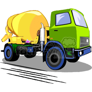 The image is a clipart illustration of a cement mixer truck, typically used in construction to transport and mix concrete.