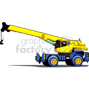 The image is a clipart of a yellow mobile crane, which is a piece of heavy equipment used in construction. The crane is depicted with its boom extended, and it is mounted on a truck chassis with large wheels, allowing for transportation across land.