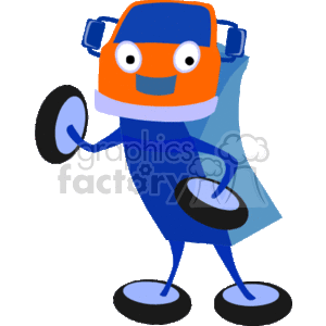   The image depicts an anthropomorphic cartoon figure. It is designed to resemble a piece of heavy equipment or construction machinery, possibly a truck, but with human-like characteristics. The figure has a bright orange head that resembles a truck cab, with what appear to be headlights for eyes and side mirrors as ears. It has a blue body and limbs that simulate the chassis and structure of a vehicle, with round feet similar to tires. It