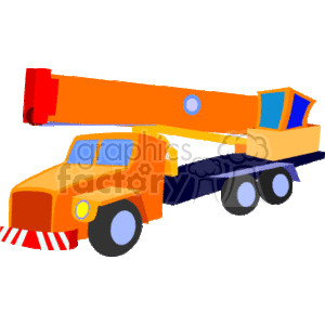 This clipart image features a colorful mobile crane, which is a type of heavy equipment commonly used in construction for lifting and moving heavy materials. The crane is mounted on a truck, making it easy to transport to various locations. The truck itself is shown with dual rear axles, supporting the weight of the crane's boom and machinery. The crane's boom arm is extended outward, with the hook hanging down, indicating readiness for operation.