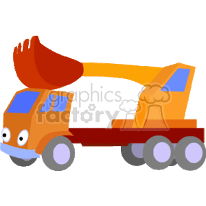 This clipart image features a stylized, cartoon-like front loader, which is a type of heavy construction equipment. The truck is depicted with a large bucket or scoop at the front, an articulated middle for turning, and multiple wheels.