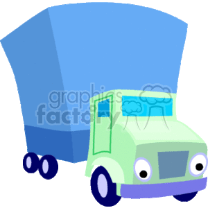 The clipart image depicts a stylized illustration of a green and blue freight truck. The truck features a large cargo box, indicative of heavy equipment transportation, and it is commonly associated with land-based logistics and shipping services.