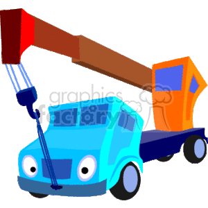 The clipart image depicts a cartoon-style construction crane truck. This heavy equipment vehicle features a blue cab, an orange crane arm with a red segment, and a hook at the end. The truck also appears to be towing a small orange trailer or container.