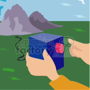 The image shows a stylized representation of a person's hands holding a blue cube with a red button and a black fuse, suggestive of a cartoon-style bomb. The background features an outdoor setting with green grass and two mountains under a blue sky with clouds.