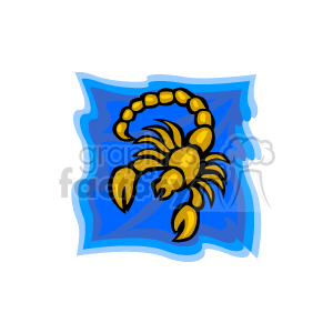 The clipart image features a stylized representation of the Scorpio zodiac sign, which is symbolized by a scorpion. The scorpion is colored in yellow with darker accents to highlight its shape and features, against a blue background that is reminiscent of a starry night sky, implying its astrological theme.