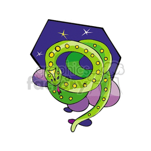 Clipart image of a green snake with yellow spots, curled up against a purple starry background.