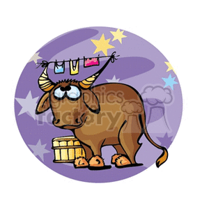 A playful clipart image of a bull, representing the Taurus zodiac sign, standing next to a wooden bucket with colorful stars and a laundry line in the background.