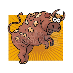 A cartoon illustration of a bull character representing the Taurus zodiac sign. The bull is depicted in a playful and animated style against a starburst background.