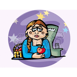 A clipart image depicting a woman holding an apple, with stars and celestial objects in the background, representing the Virgo star sign in astrology.