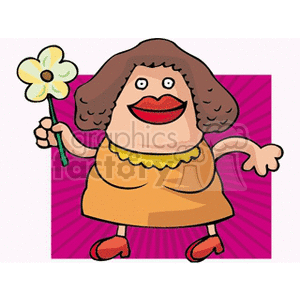 A cartoon-style clipart image featuring a woman with brown hair holding a flower, dressed in an orange outfit, set against a pink background with radiating lines. The style is humorous and exaggerated with a focus on bold colors and features.