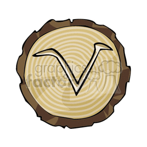 Clipart image of the Aries zodiac sign symbol overlaid on a wooden tree trunk cross-section.